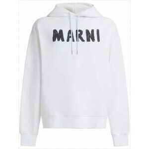 Marni Relaxed Fit White Cotton Hoodie With Textured Logo Print - NWT